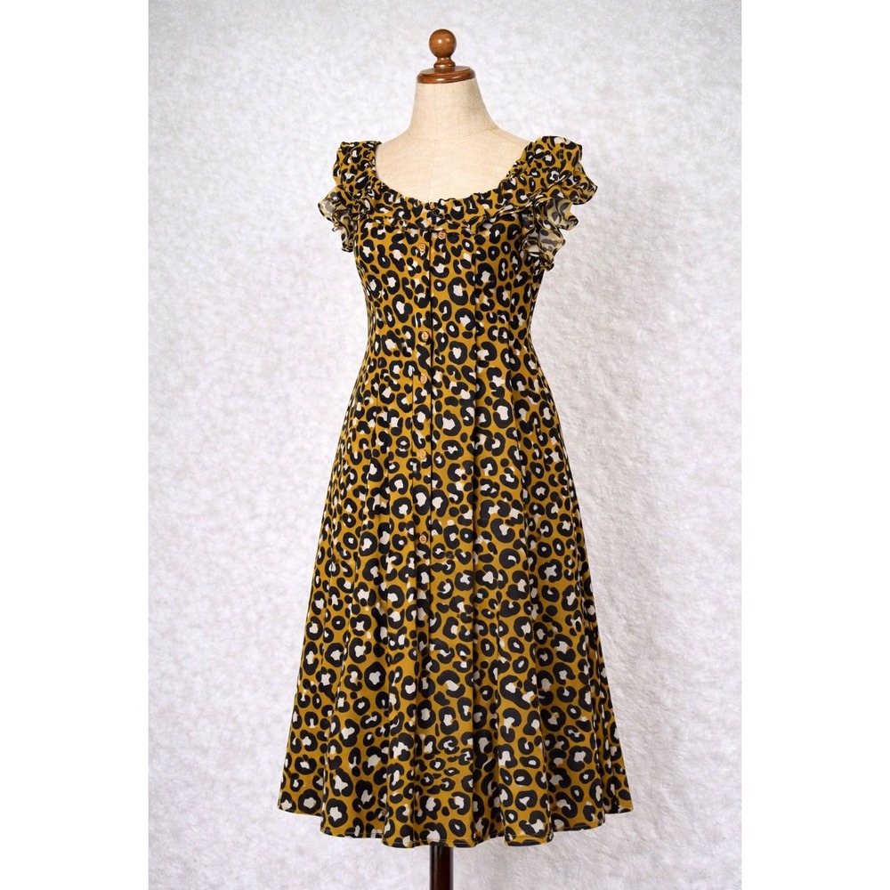 Who What Wear Women Leopard Print Ruffle Button Front Midi Dress Mustard Yellow‎